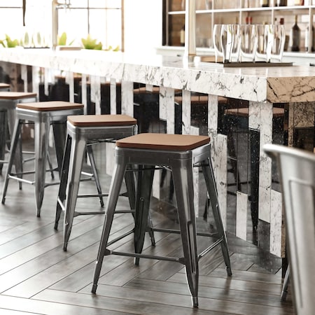 Flash Furniture 24" Black Metal Stool-Teak Poly Seat CH-31320-24-BK-PL2T-GG
